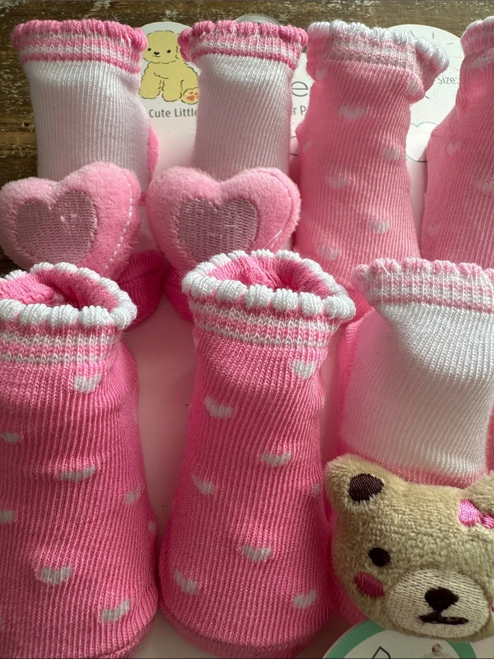 Baby Pink Plush Toe Socks Set - Hearts & Bears Size 0-12M